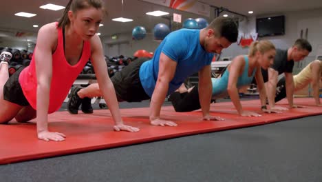 fit people doing push ups in gym