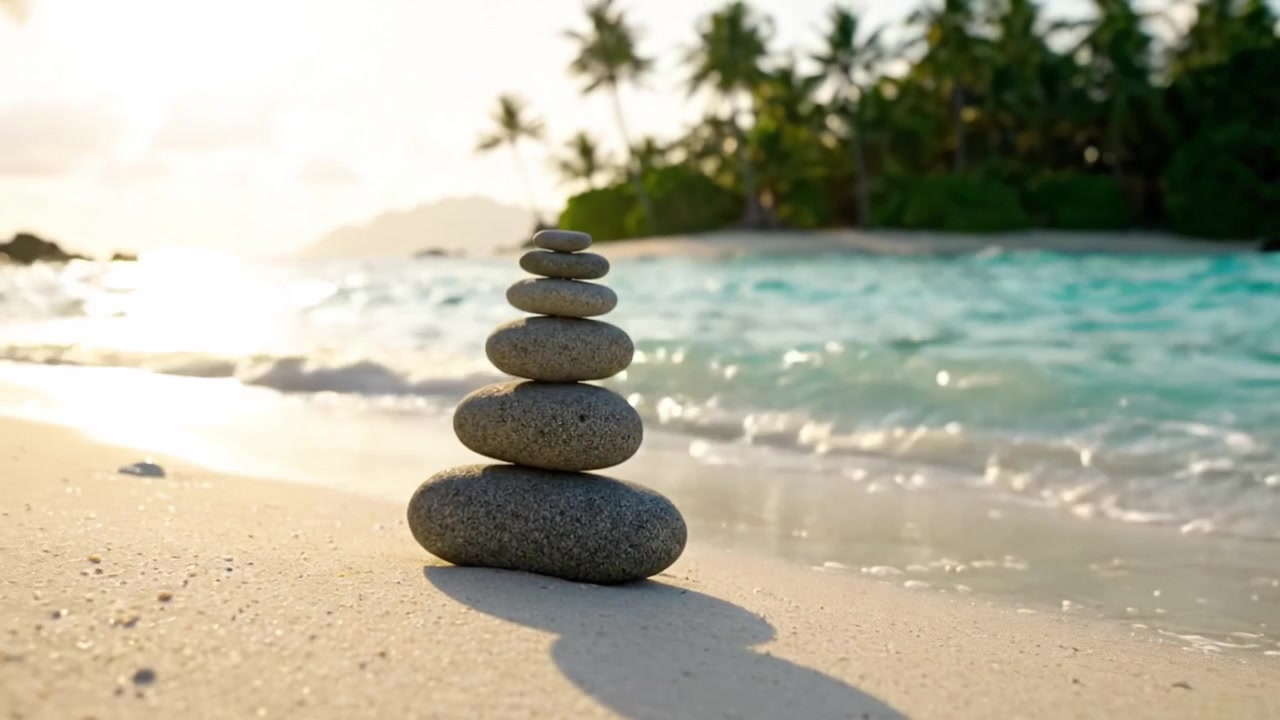 Une scène de plage sereine avec une pile imposante de galets lisses au bord de l'eau, capturant la tranquillité de la nature alors que le soleil se couche sur l'horizon de l'océan