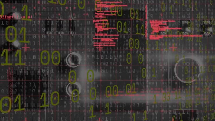 Animation of data processing over computer circuit board on black background