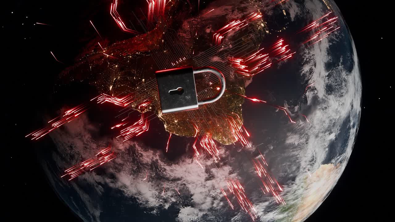 Planet Earth showing South America from space with red cyber lock and digital network lines. Cybersecurity and global data protection concept. Global network security visualization