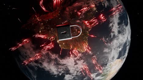 planet earth showing south america from space with red cyber lock and digital network lines. cybersecurity and global data protection concept. global network security visualization
