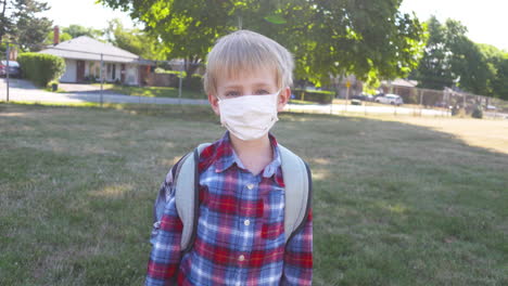 portrait of a young boy in a school field wearing a face mask