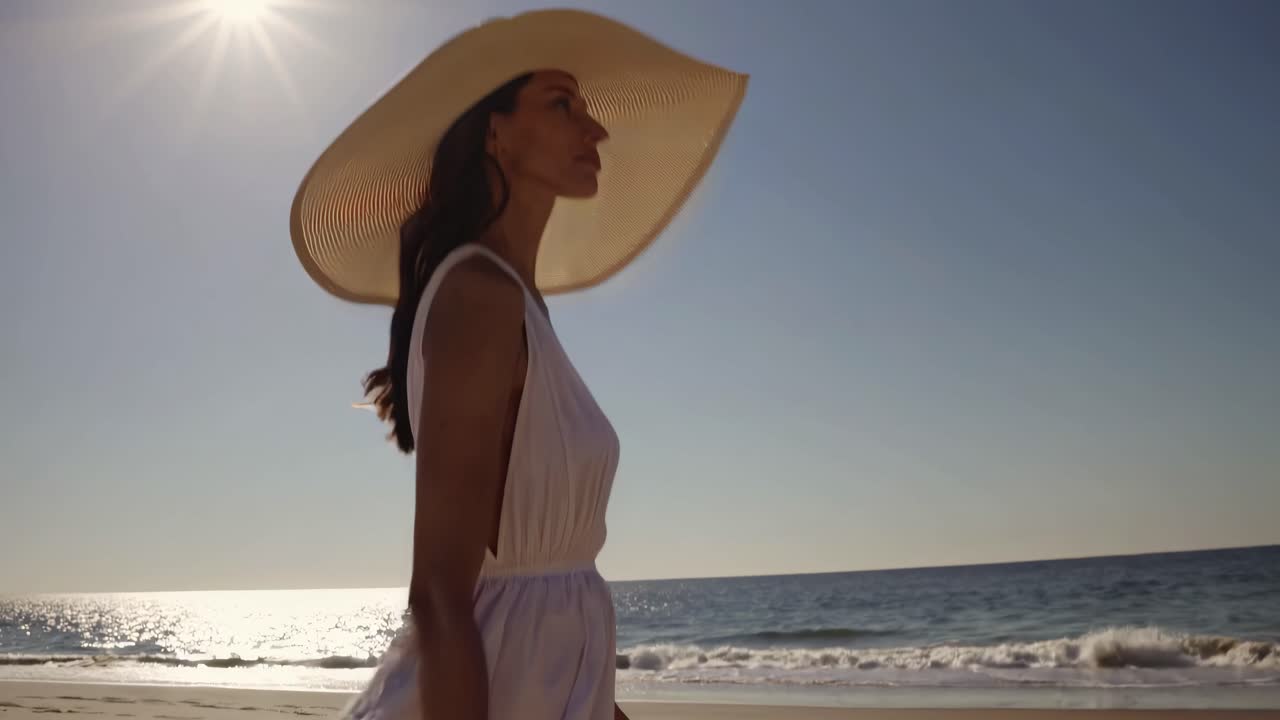 A serene beach video featuring a woman in a wide-brimmed hat, captured in profile at a low angle
