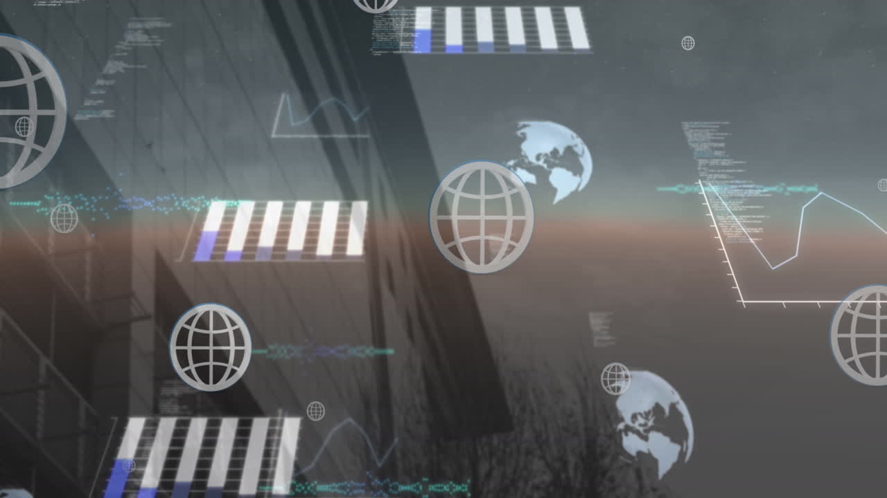 Animation of globe, graphs and computer language over low angle view of building in sky