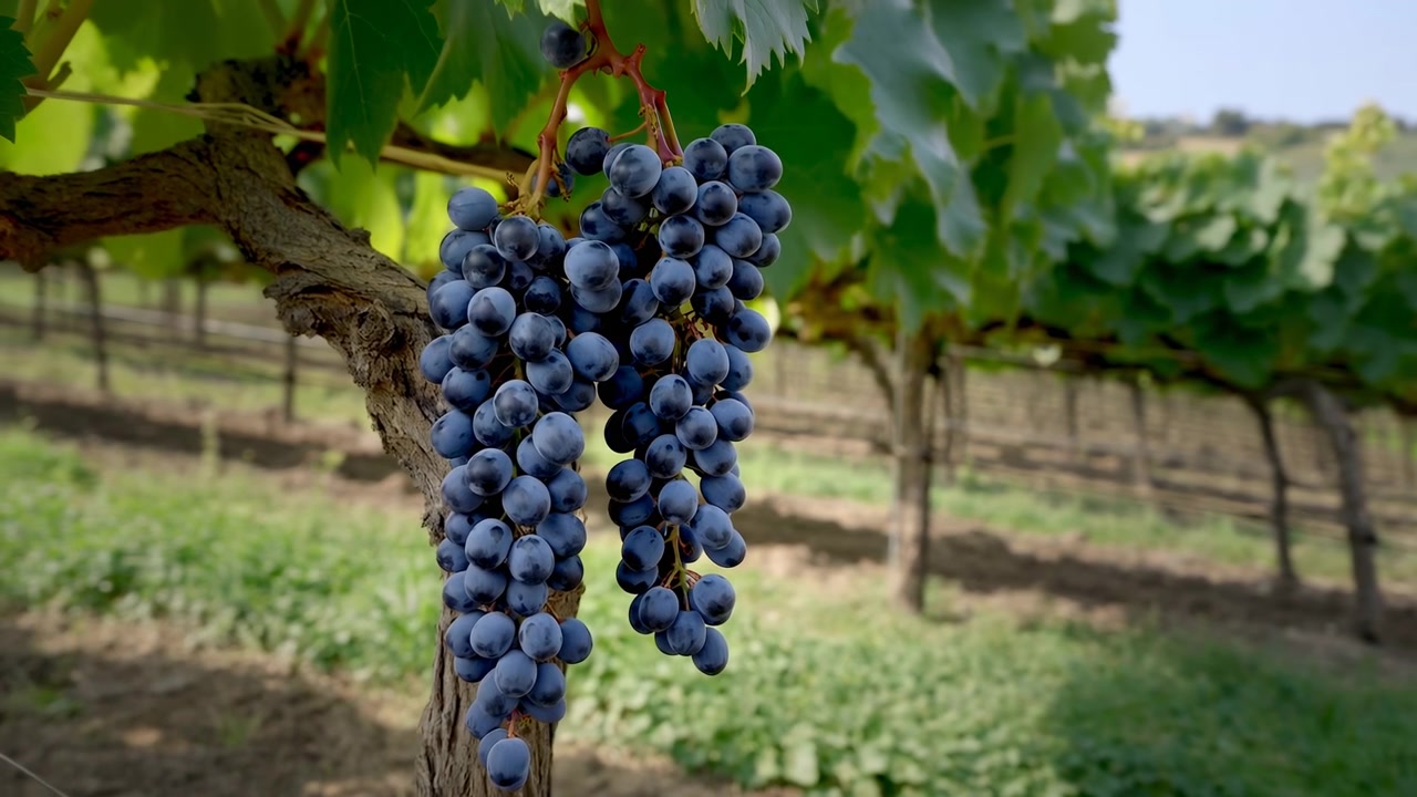 Grappolo d'uva blu matura che pende da una vite illuminata dal sole in estese file di vigneti, acini viola scuro che luccicano.