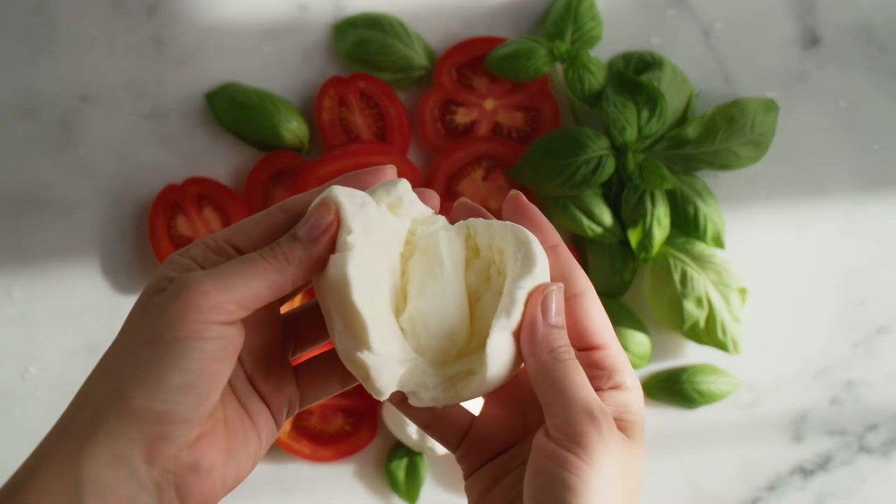 Scena di cucina con vista dall'alto che mostra mani che strappano mozzarella fresca sopra pomodori rossi a fette disposti e basilico verde brillante su una superficie di marmo bianco, creando un momento di preparazione del cibo fresco e appetitoso.