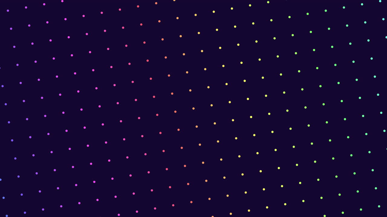 Seamless gradient dotted pattern on a dark background, featuring colorful glowing dots in a geometric grid layout, ideal as a modern abstract backdrop for technology, presentations and motion graphics