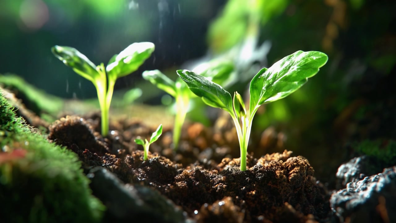 Nurturing Growth: A Close-Up Exploration of Freshly Sprouted Plants Emerging from Rich Soil in a Lush, Vibrant Environment Amidst Natural Light