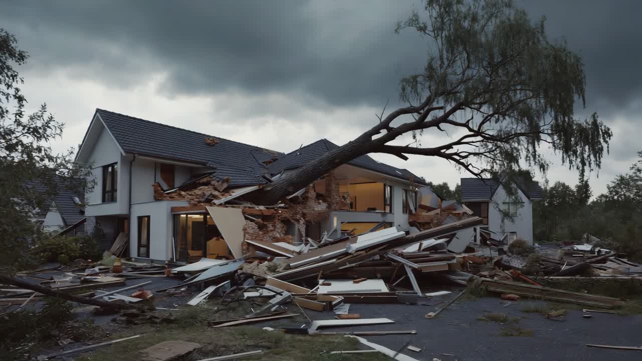 House Destroyed by Storm and Fallen Tree