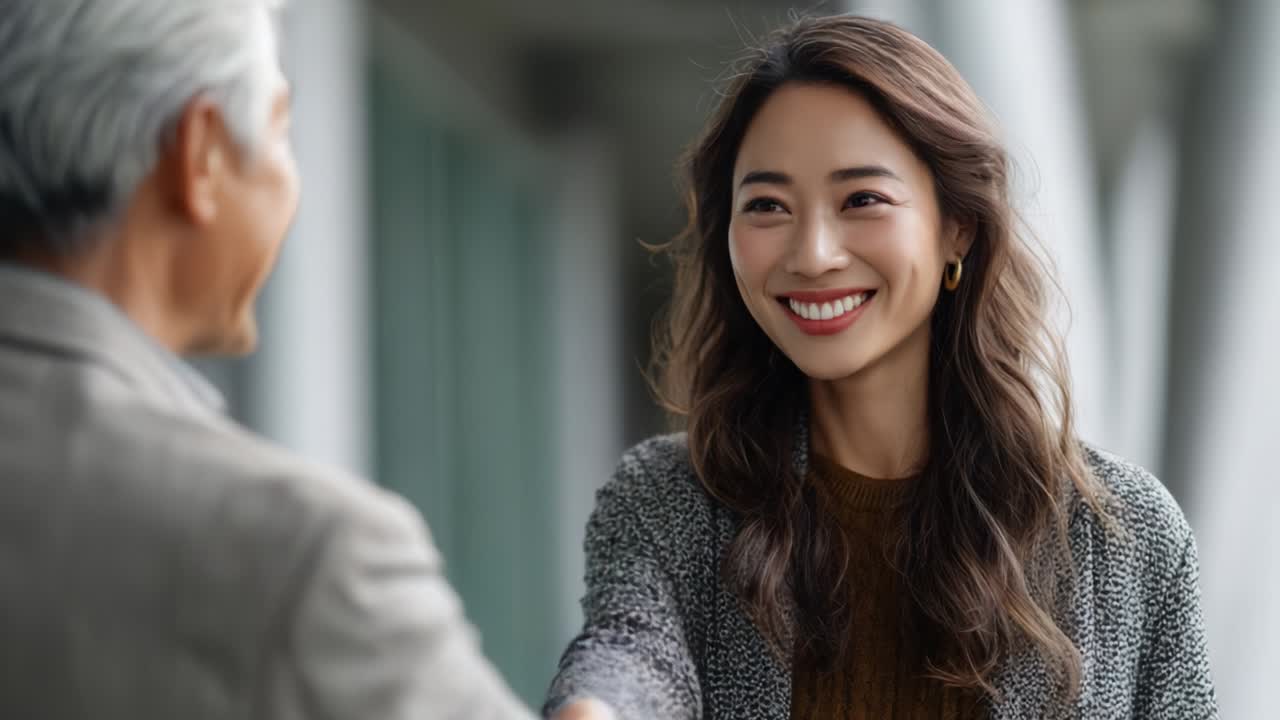 A Positive Business Interaction Between Two Professionals with Warm Smiles, Emphasizing Connection, Collaboration, and the Importance of Building Relationships in a Professional Setting