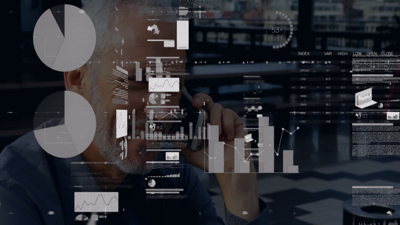 Businessman on phone with financial data animation overlaying his image