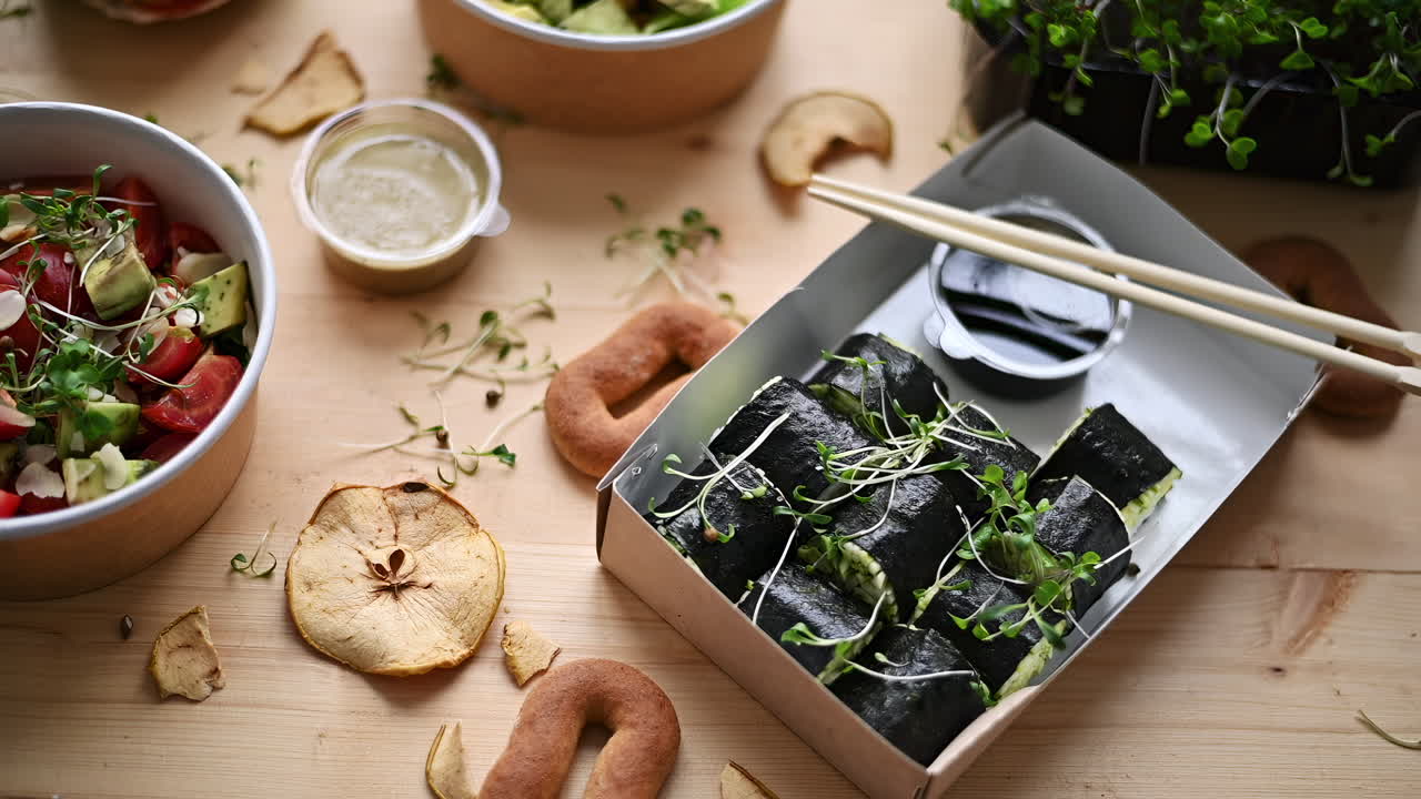Vegan sushi rolls are beautifully arranged in a takeout box. Microgreens and a dipping sauce complete the dish, set on a wooden table with dried fruit pieces