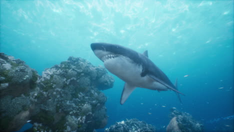 grande tubarão branco em recife de coral debaixo d'água