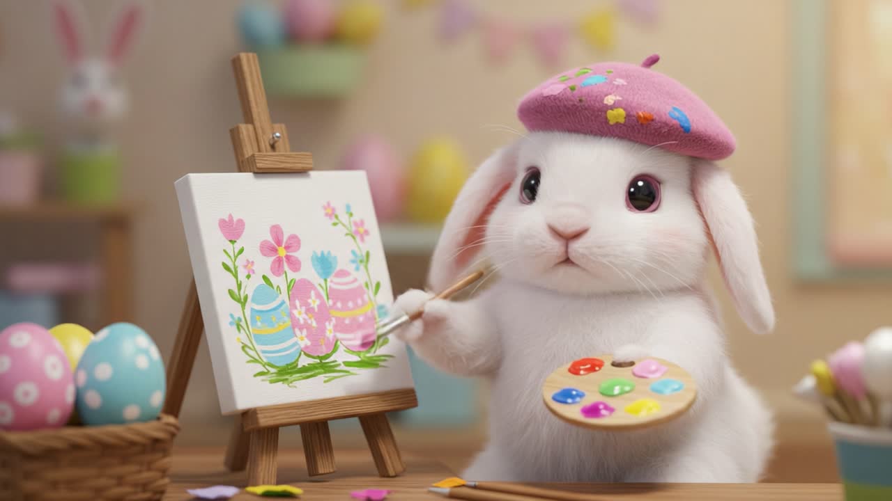 A Creative Bunny Artist Painting Colorful Easter Eggs in a Cheerful Workshop, Showcasing Artistic Skills and Vibrant Spring Colors in a Delightful Atmosphere