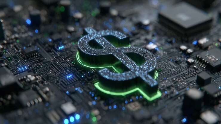 Una vivace rappresentazione dell'innovazione tecnologica: simbolo del dollaro illuminato su un circuito stampato, a simboleggiare l'intersezione tra finanza e tecnologia nell'era digitale