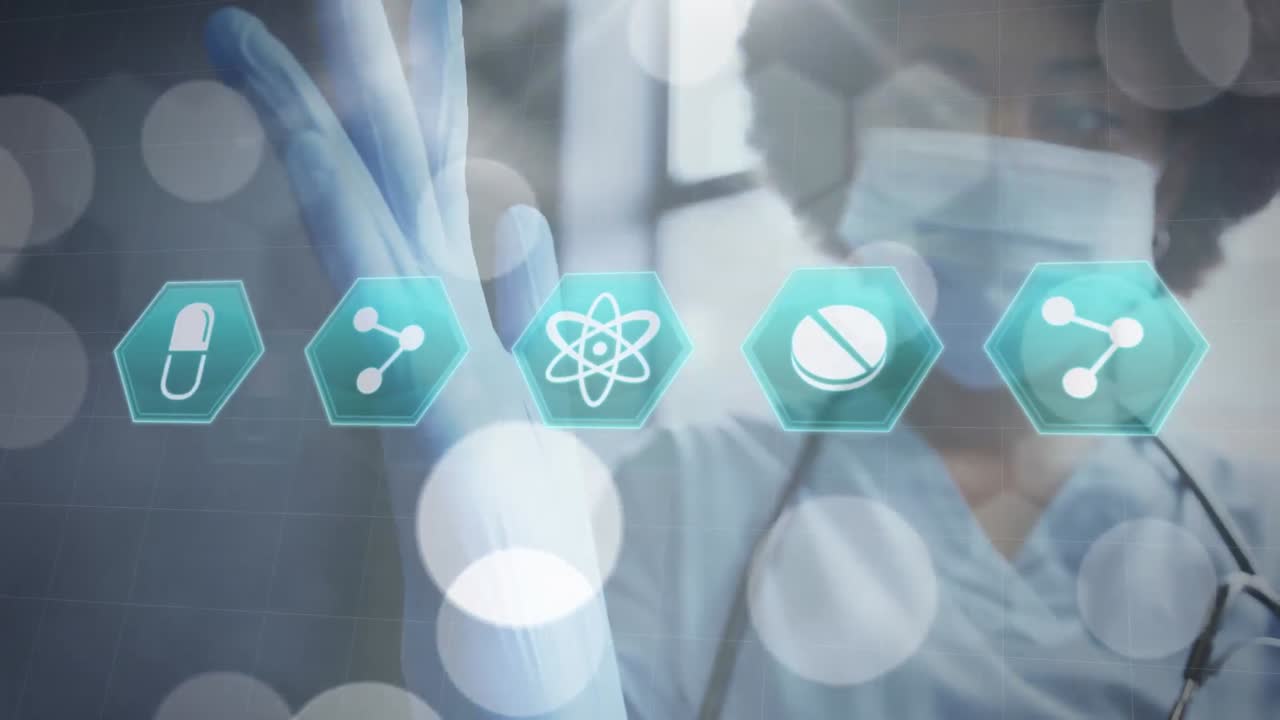 얼굴 마스크를 쓰고 있는 아프리카계 미국인 여성 의사 위에 의학 아이콘의 애니메이션