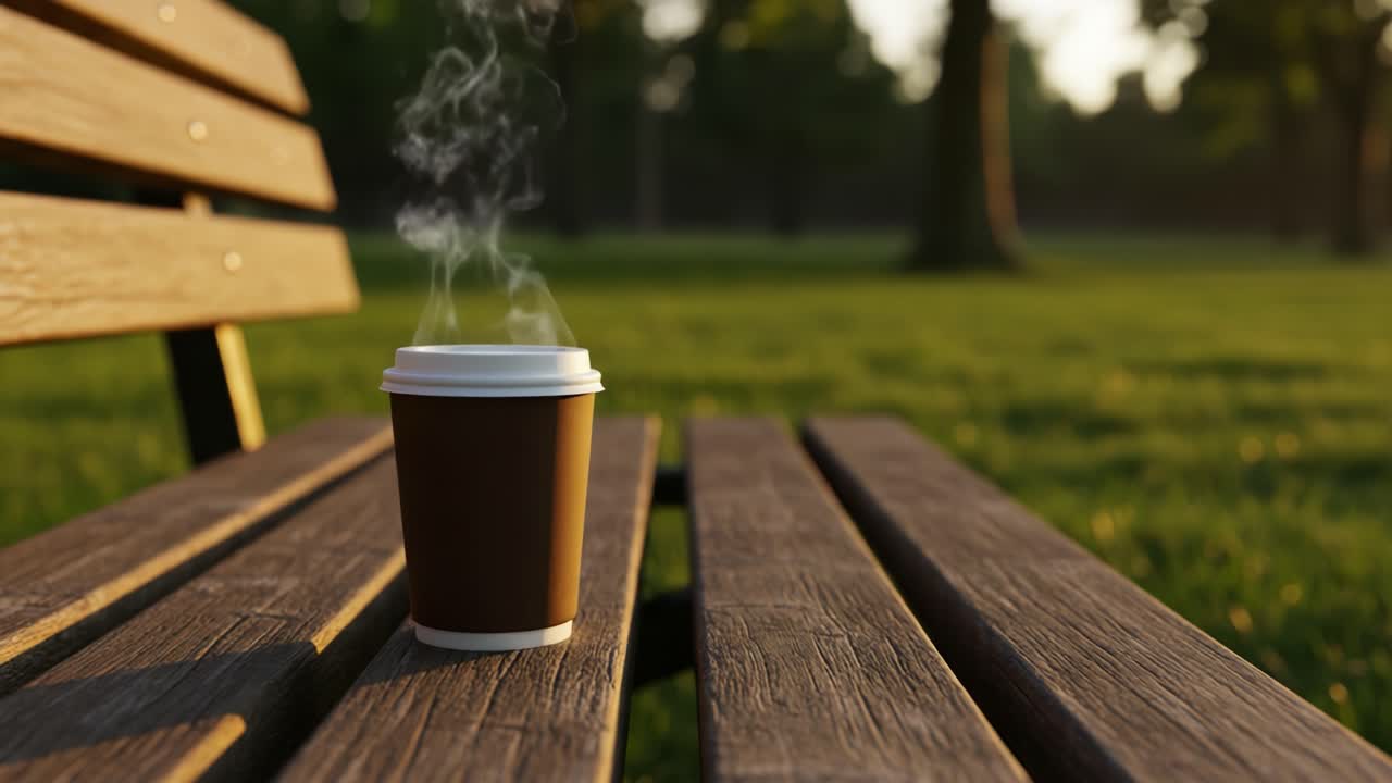 A Warm Cup of Coffee Steaming Comfortably on a Wooden Park Bench Amidst Lush Greenery, Perfect for Enjoying Tranquil Moments Outdoors