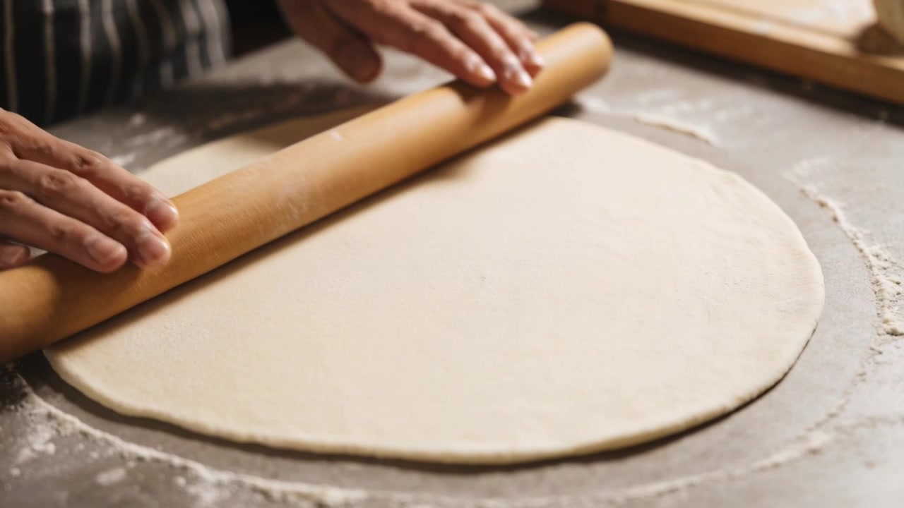 Fornaio con grembiule a righe che posiziona il mattarello, preme e stende l'impasto su una tavola infarinata, per la crosta.