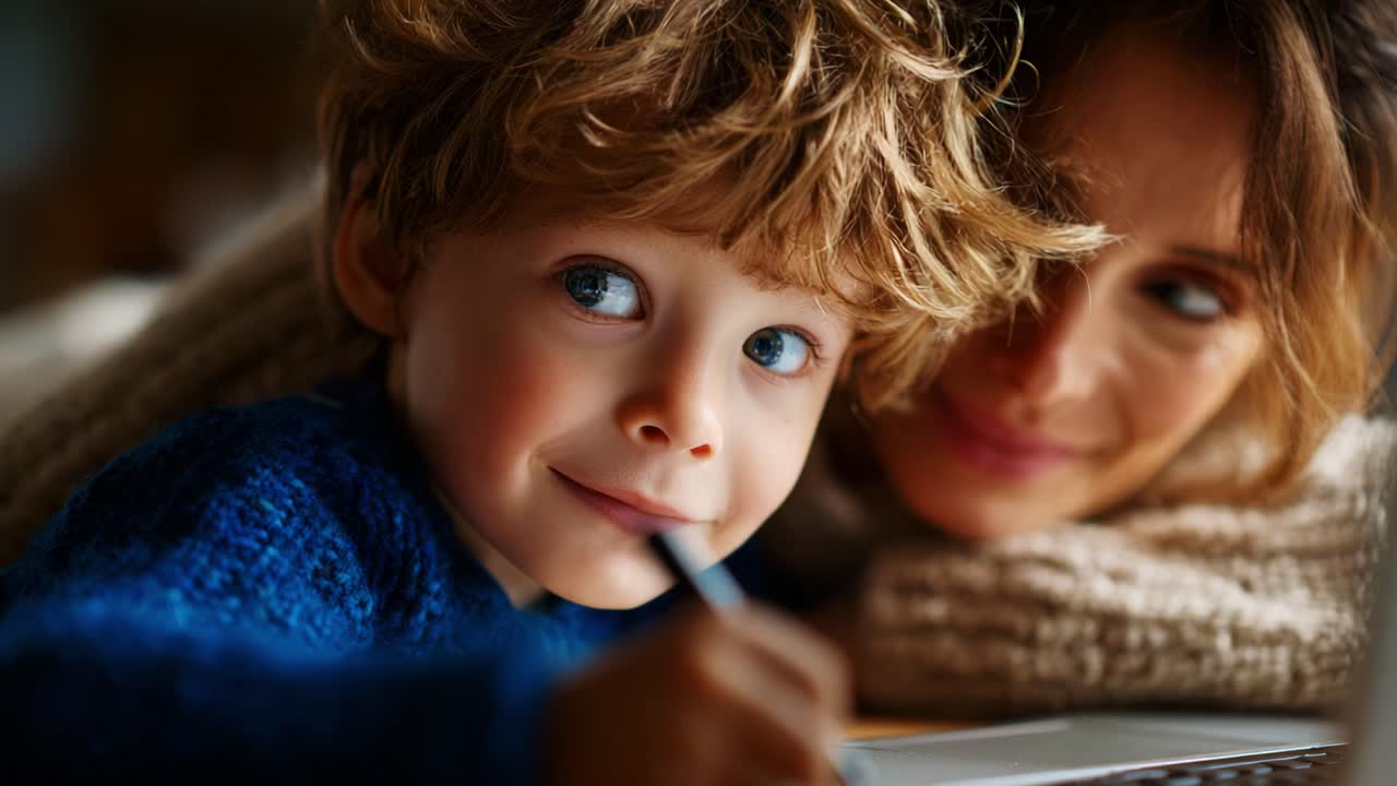 A tender moment between a child and a mother as they engage together in creative activities, highlighting the joy of learning and bonding through art and expression