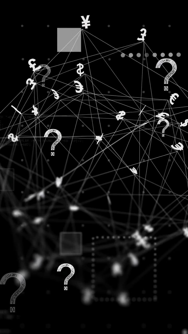 Vertical video: Camera panning showing rotating 3D mesh globe, currencies rising, HUD mapping risk