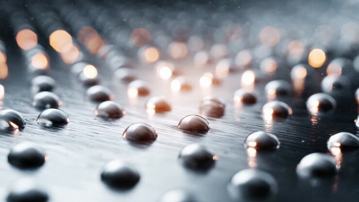 Nærbillede af glitrende vanddråber på en metaloverflade med bløde lysrefleksioner, der skaber en gådefuld atmosfære, og indfanger essensen af indviklede detaljer og naturlig skønhed