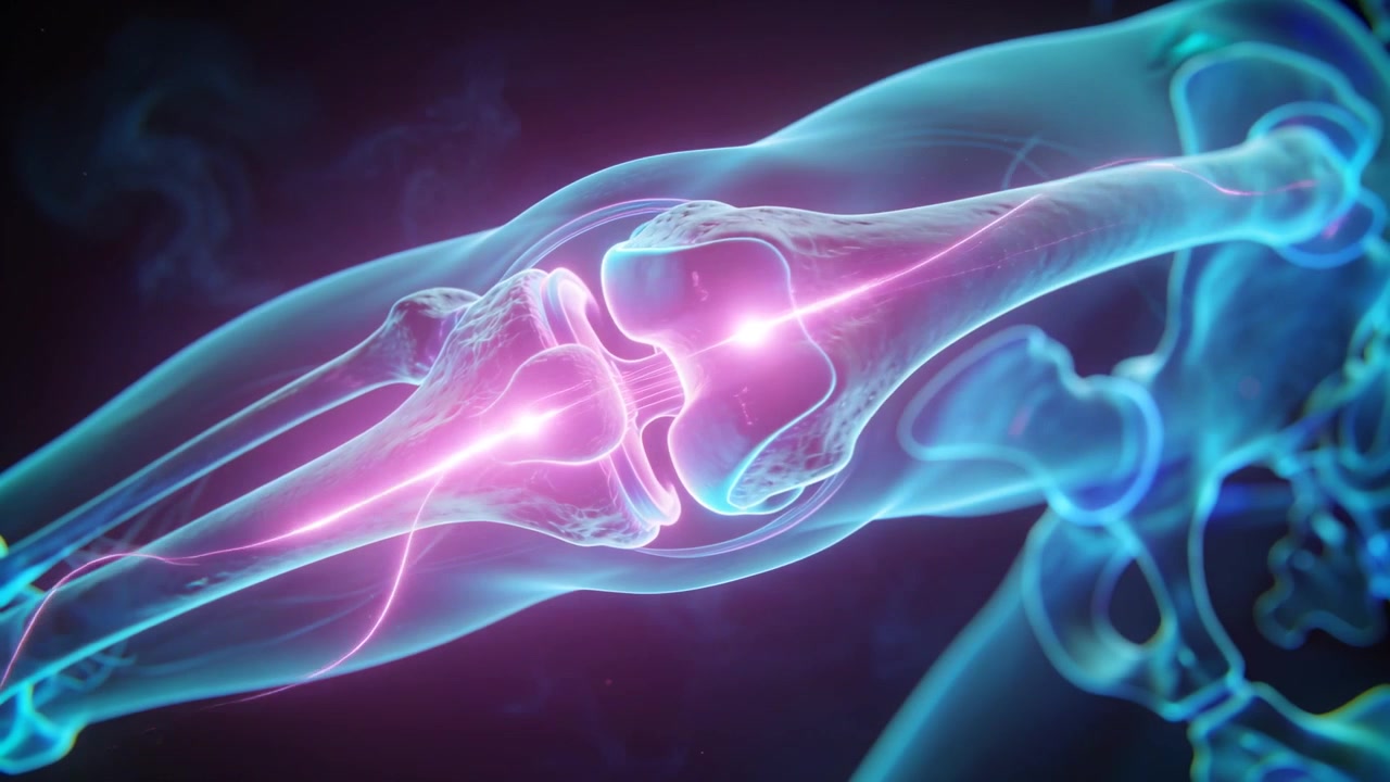 Pulsing articulating joint responding to intensifying magenta glow in dark studio, with filaments