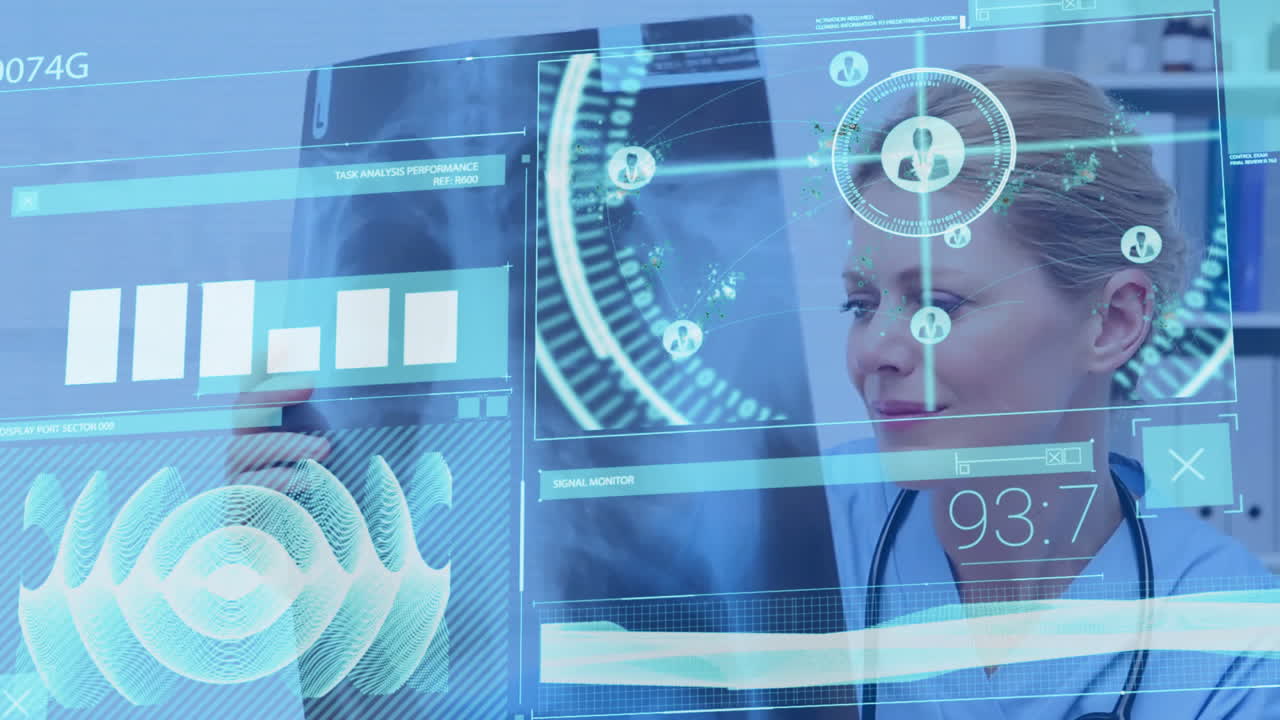 Female doctor reviewing medical data in clinic, with animated charts, waveforms and X-ray overlay