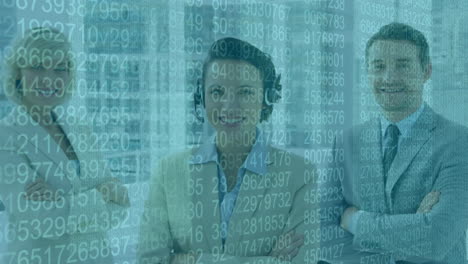 animation of group portrait of caucasian business people in an office over data recording