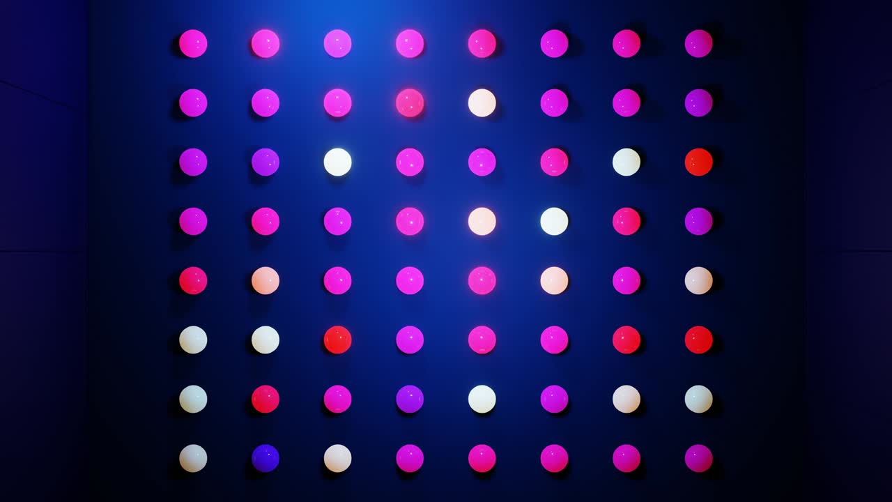 composición abstracta de bolas de colores en el plano, que se iluminan al azar y se reflejan entre sí. esferas multicolores como leds como simple fondo oscuro geométrico con efectos de luz.