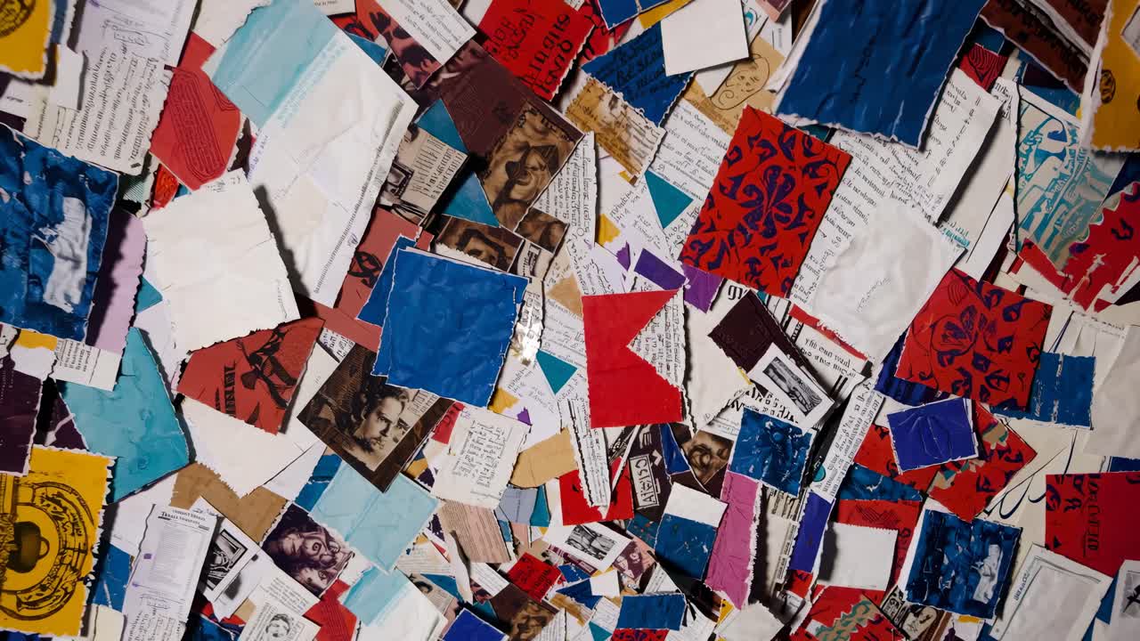 Overhead shot of a vibrant collage with torn paper and photos, creating a dynamic, textured visual