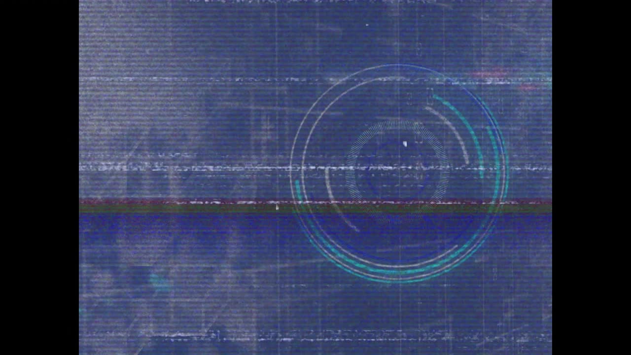Animation of vhs glitch effect over round scanner and data processing against blue background