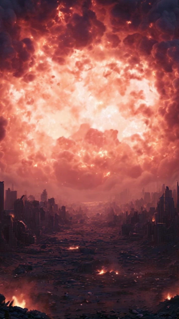 A Stunning Visualization of Apocalyptic Destruction: A Fiery Sky Illuminates the Ruins of a Once-Thriving Cityscape, Evoking Feelings of Despair and Desolation