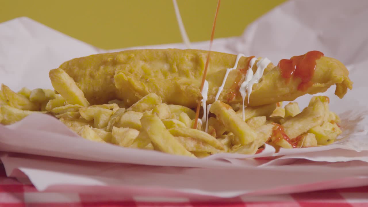 студийный снимок традиционного британского блюда из рыбы и чипсов, покрытого соусами