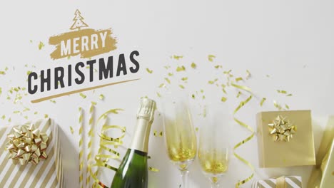 animación de felicitaciones de navidad texto sobre regalos de navidad y copas de champán y botella