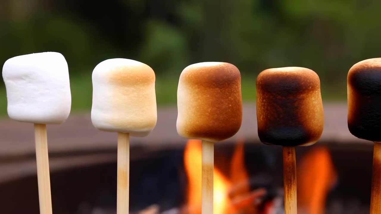 Ahşap çubuklardaki dört marshmallow, parlayan alevlerin üzerinde tutuluyor; biri hala beyazken diğerleri altın kahverengiye dönüyor. Yumuşak bulanık yeşillik ve karanlık bir arka plan.