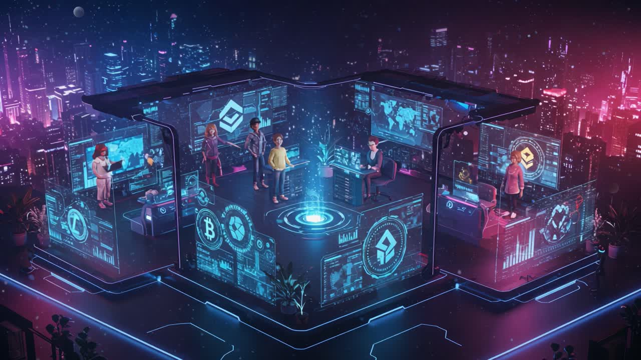 Futuristic Digital Workspace with Interactive Blockchain Technologies Showcasing Diverse Individuals Engaging in Cryptocurrency Analysis Amidst a Neon Cityscape