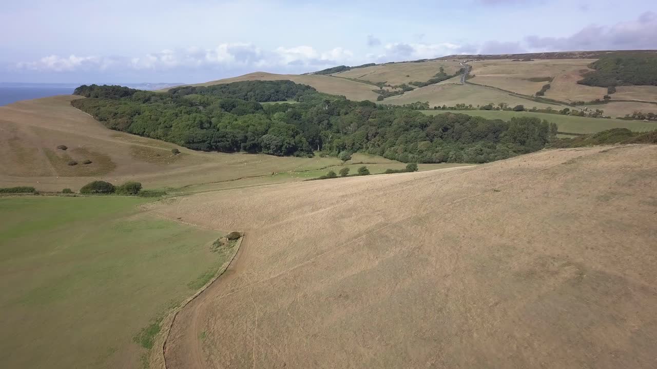 Aerial view of hills and countryside landscape