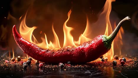 red chili pepper with flames