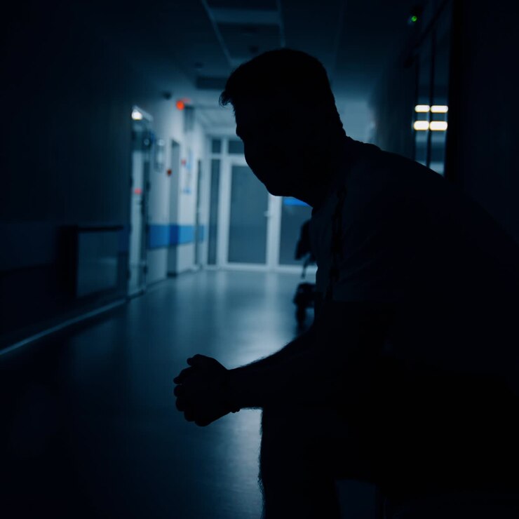 Silhouette scura di un uomo seduto su una panchina nella hall dell'ospedale. L'uomo si sfrega le mani нерvosamente in attesa della nascita del figlio