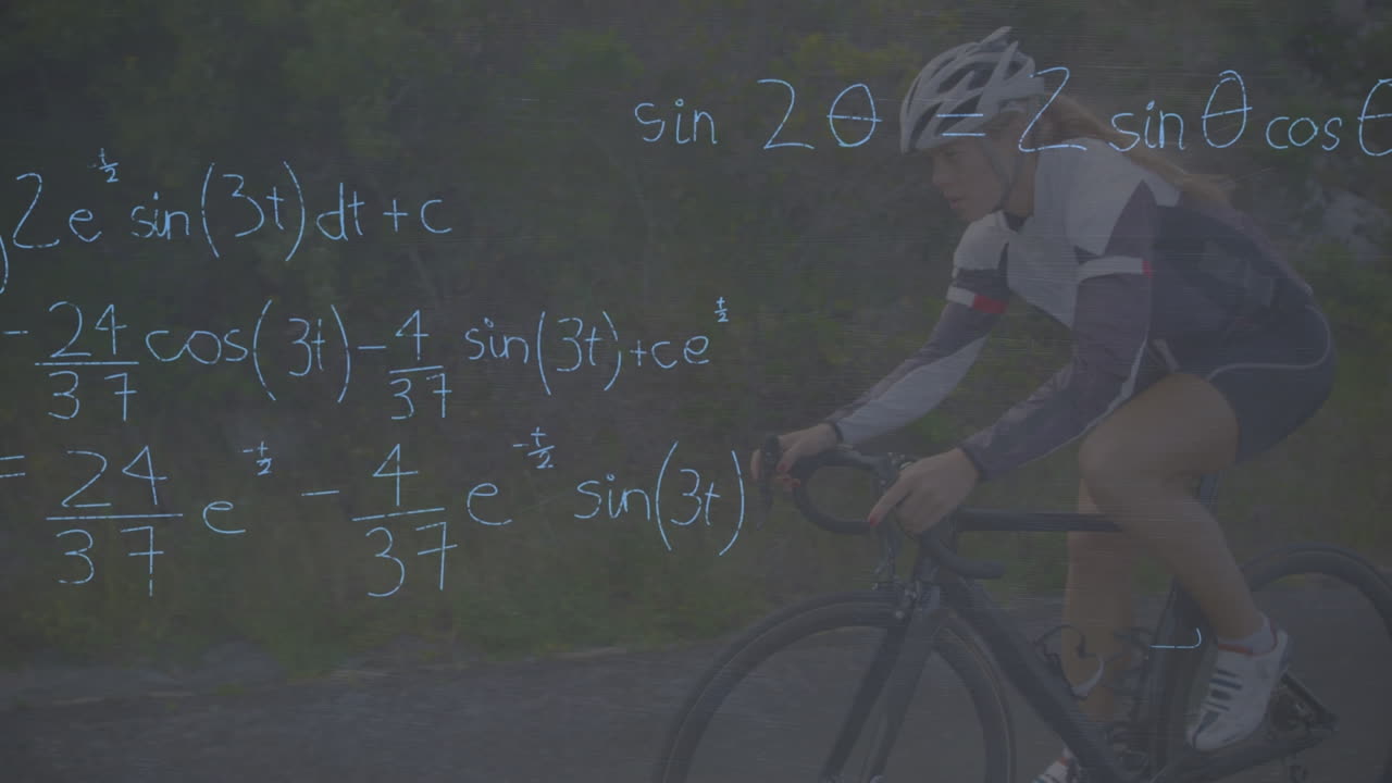 animación de ecuaciones matemáticas sobre una mujer caucásica montando en bicicleta