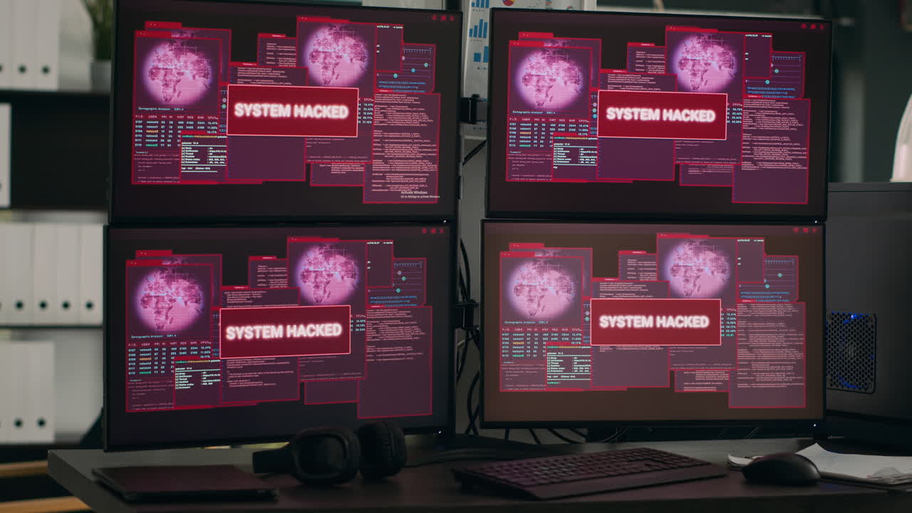 Multiple monitors displaying hacking warning alert after security breach