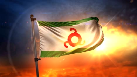la bandera de ingushetia retroiluminada en un hermoso ciclo de amanecer en cámara lenta 4k