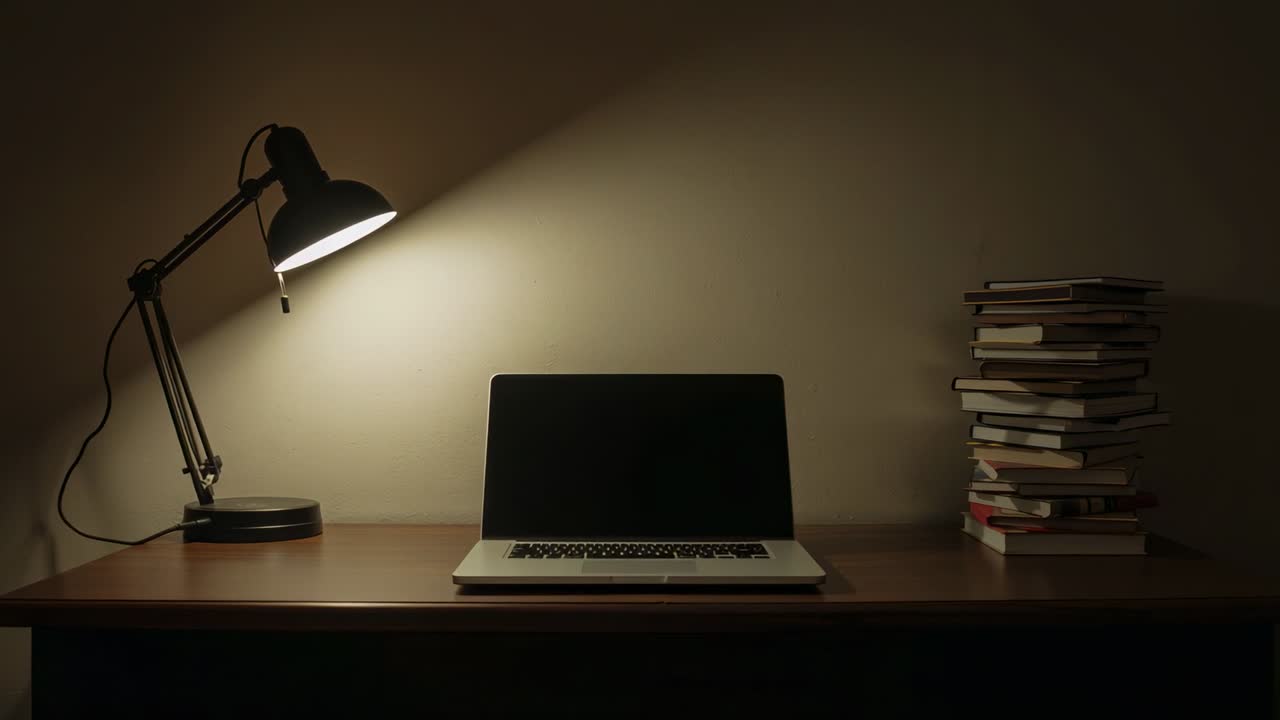 Switching on desk lamp, lamp beam shifting across laptop keyboard for lighting workspace with books