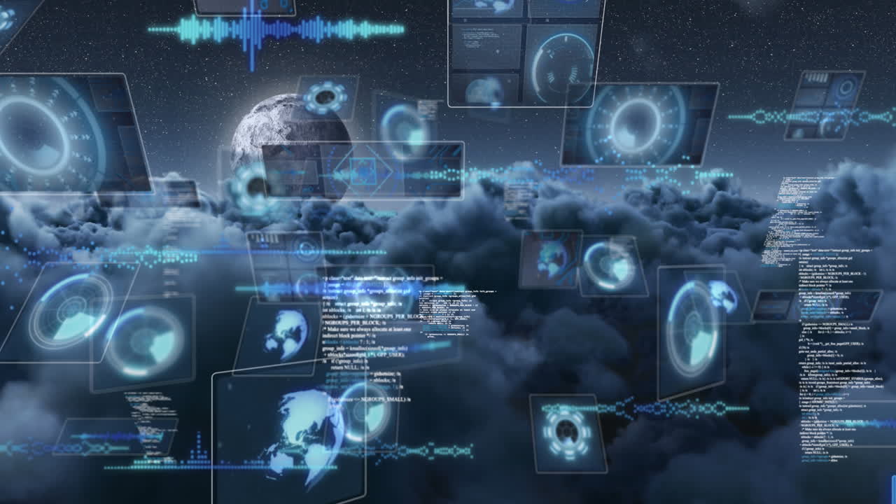 animación del procesamiento de datos con escaneo de alcance sobre el cielo con luna y nubes.
