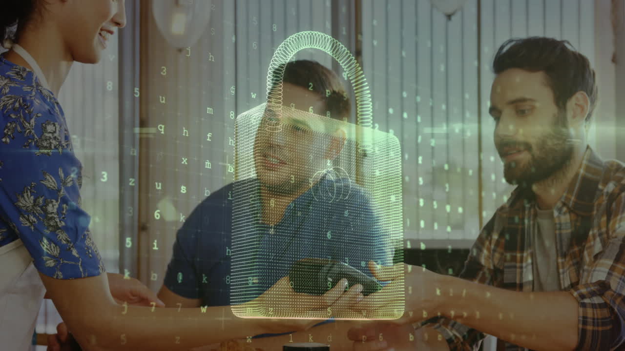animación del candado de seguridad de la red sobre las personas que utilizan el terminal de pago