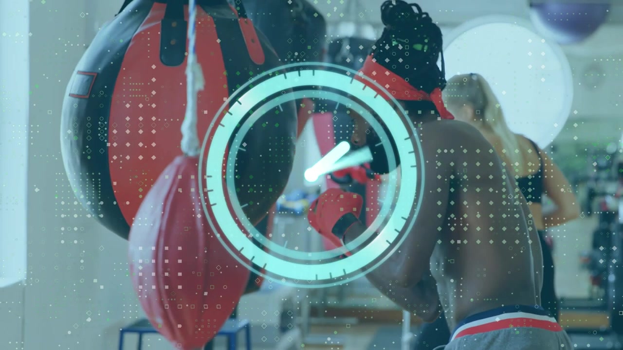 Boxer Training with Punching Bag in Gym with Digital Clock Overlay