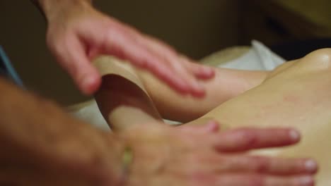 - masajista masajeando el brazo y la espalda de una mujer.
