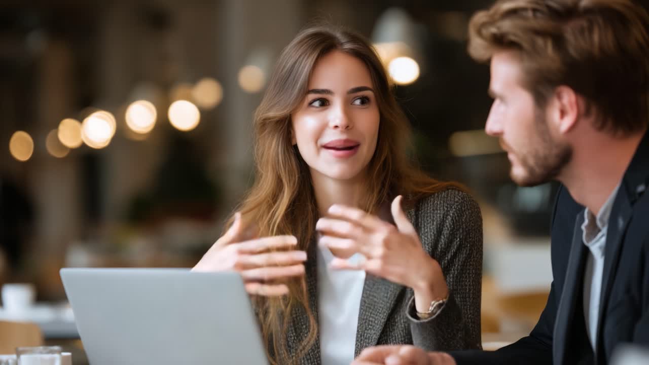 A Professional Exchange: Engaging Discussion Between Two Colleagues in a Modern Work Environment with Laptops and Soft Lighting