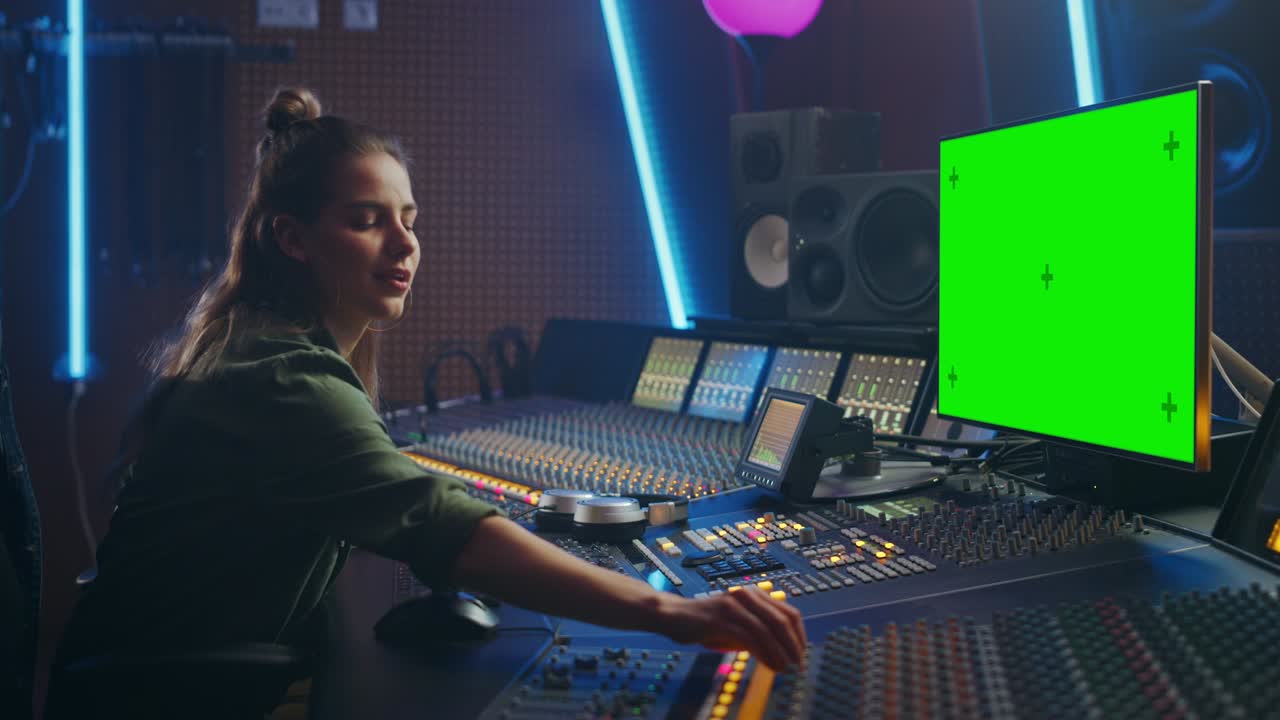 Ritratto di elegante ingegnere del suono / produttrice che lavora in uno studio di registrazione musicale, utilizza un display per computer con schermo verde, un mixer e una console di controllo per creare una nuova canzone. Artista musicista creativa