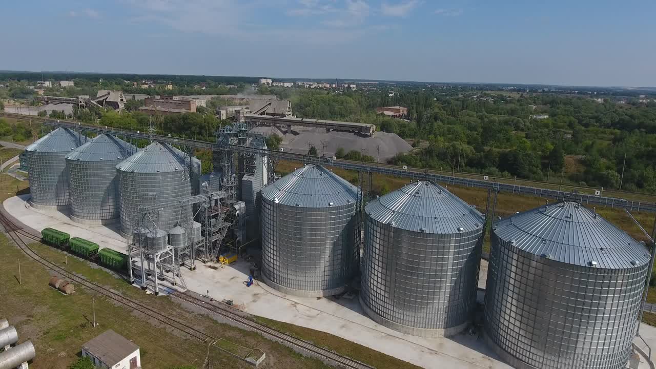 Metal Grain Elevator. BAR, UKRAINE - AUGUST 2017: Aerial view of metal grain elevator in agricultural zone